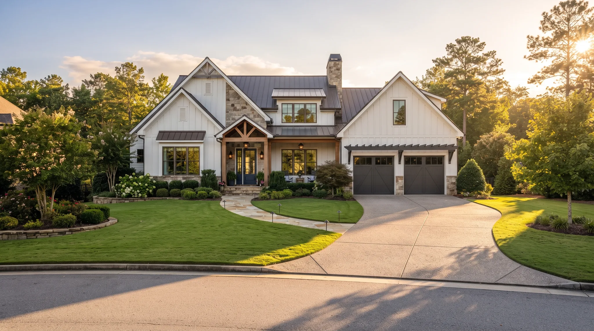 Modern farmhouse listing at golden hour
