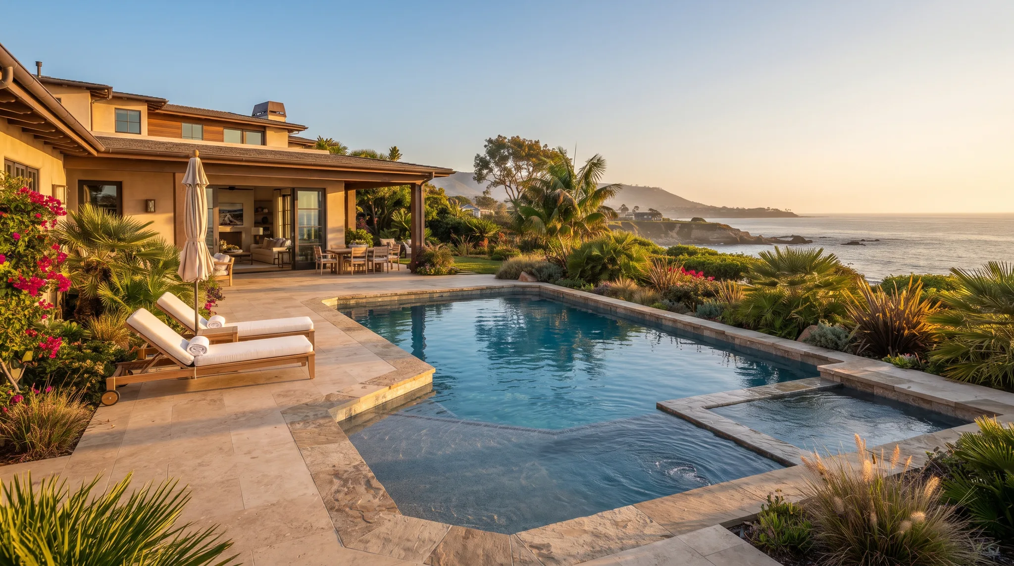 Coastal backyard pool at low sun
