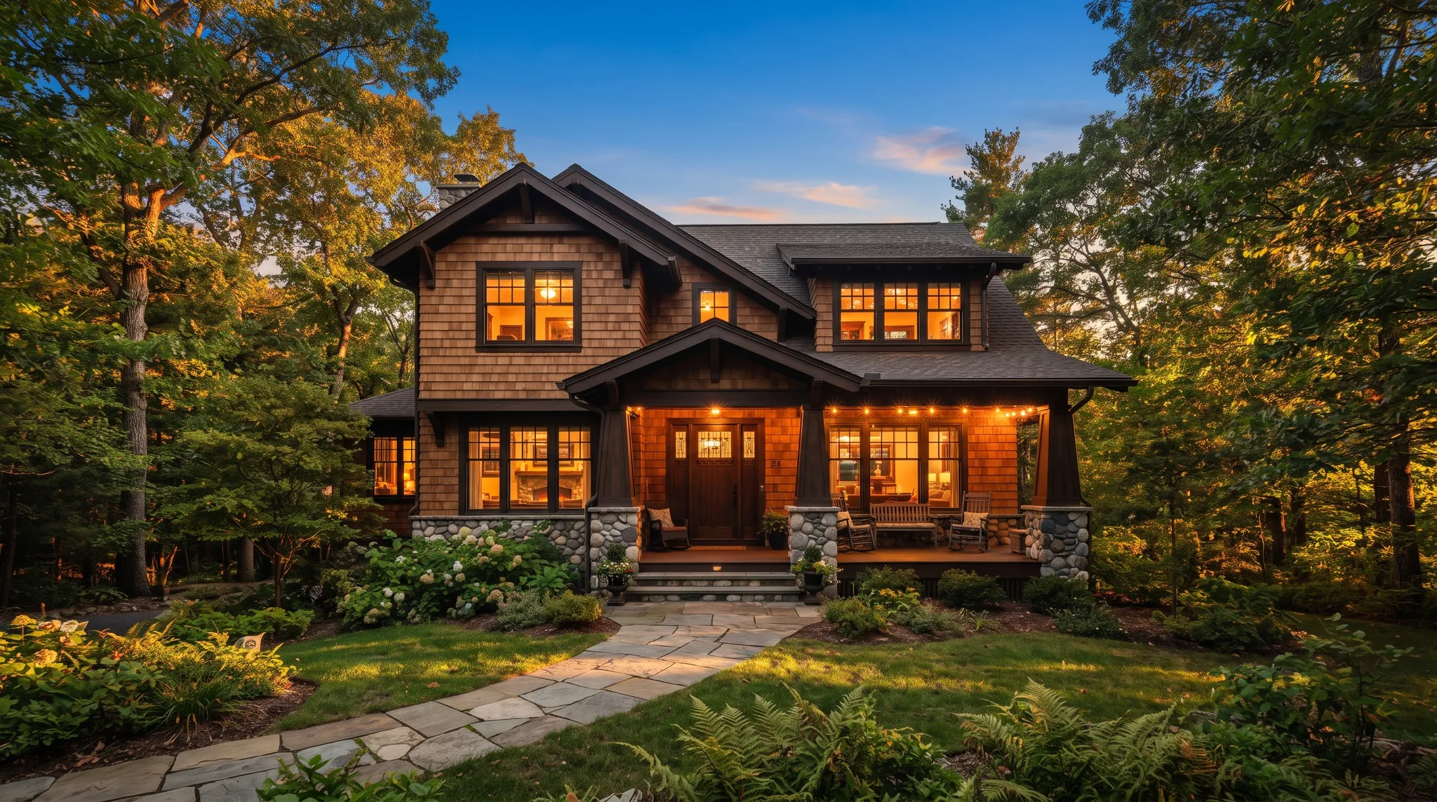 Craftsman home at twilight, warm lights on